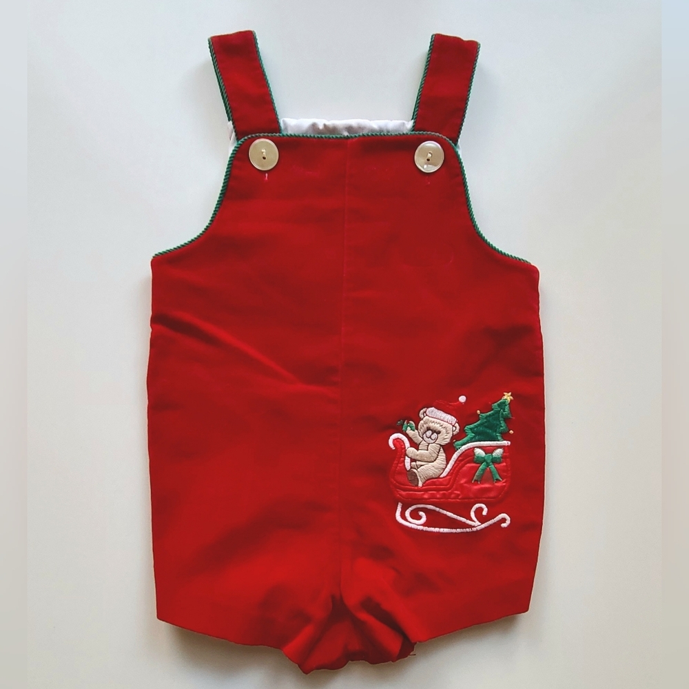 ~Vintage~1960s! Boys 18M Cotton Velvet Romper Embroidered Sleigh/Bear Christmas